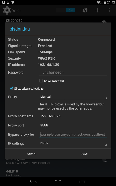 Show Advanced Options, Manual proxy